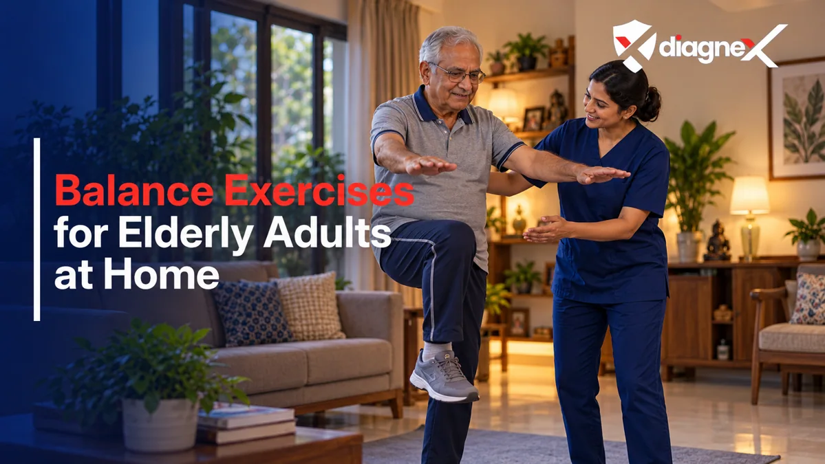 Featured illustration for Balance Exercises for Elderly Adults at Home on the Diagnex healthcare blog