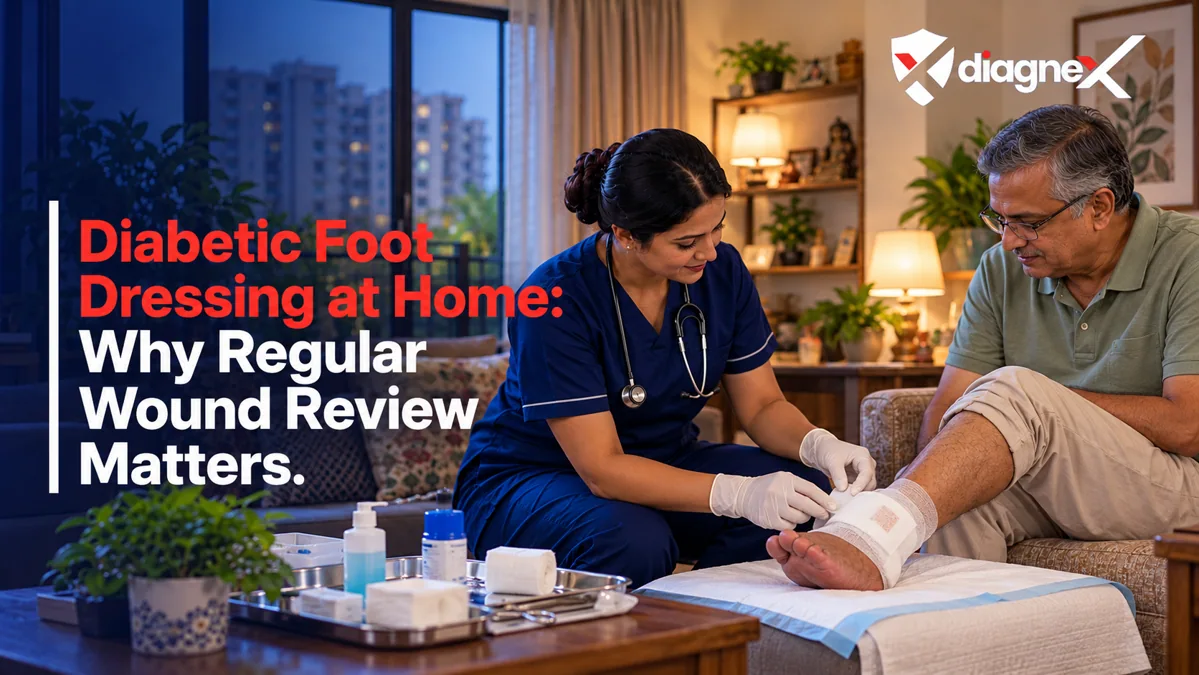 Featured illustration for Diabetic Foot Dressing at Home: Why Regular Wound Review Matters on the Diagnex healthcare blog