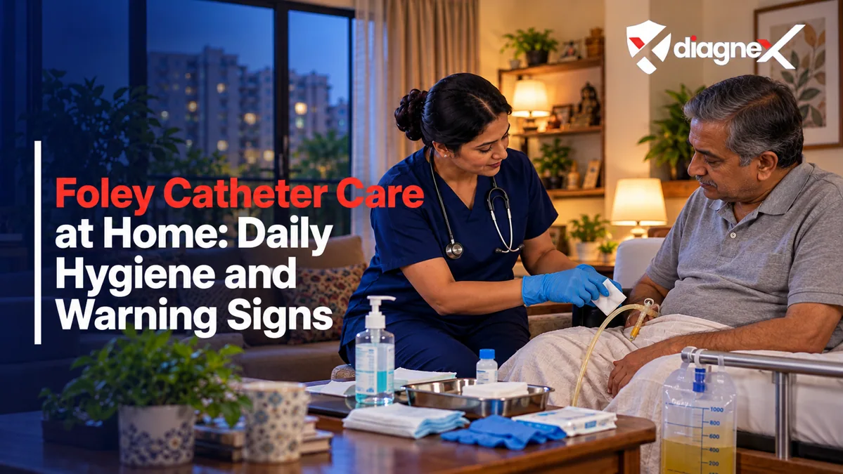 Featured illustration for Foley Catheter Care at Home: Daily Hygiene and Warning Signs on the Diagnex healthcare blog