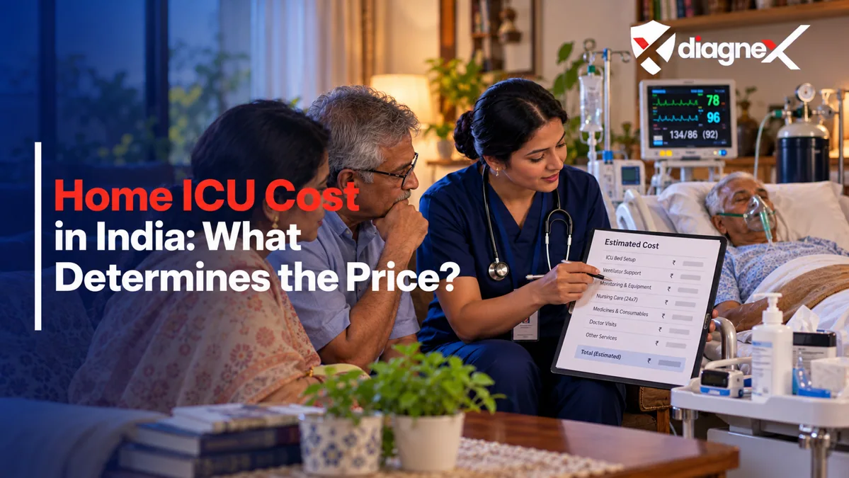 Featured illustration for Home ICU Cost in India: What Determines the Price? on the Diagnex healthcare blog