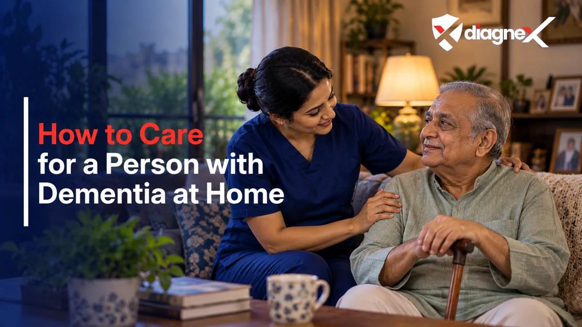 Featured illustration for How to Care for a Person with Dementia at Home on the Diagnex healthcare blog