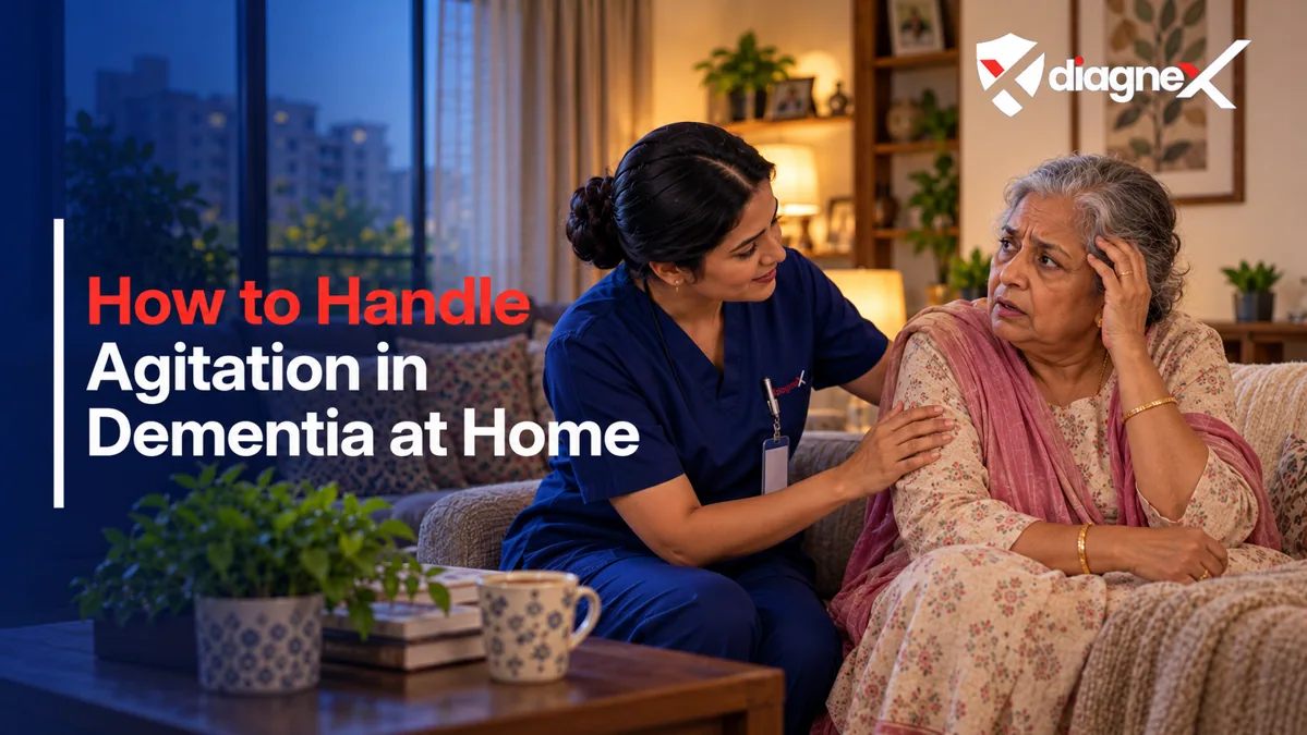 Featured illustration for How to Handle Agitation in Dementia at Home on the Diagnex healthcare blog