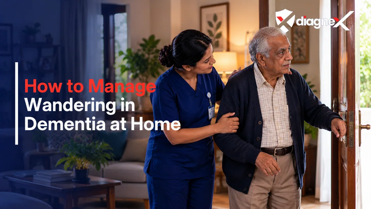 Featured illustration for How to Manage Wandering in Dementia at Home on the Diagnex healthcare blog