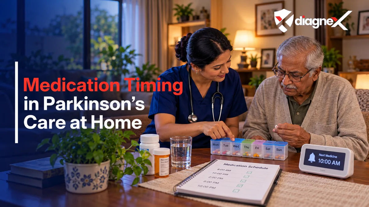 Featured illustration for Medication Timing in Parkinson's Care at Home on the Diagnex healthcare blog