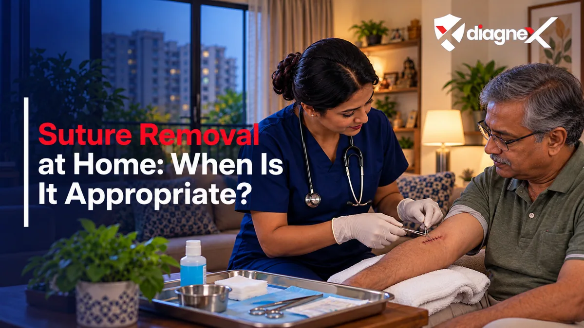 Featured illustration for Suture Removal at Home: When Is It Appropriate? on the Diagnex healthcare blog