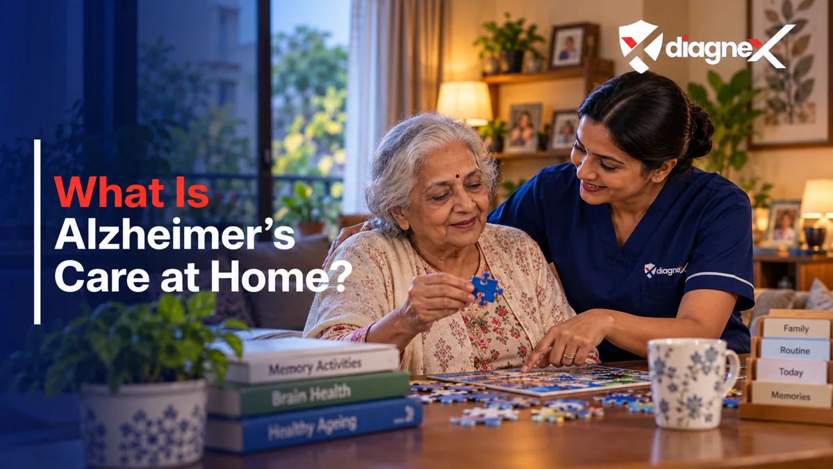 Featured illustration for What Is Alzheimer's Care at Home? on the Diagnex healthcare blog
