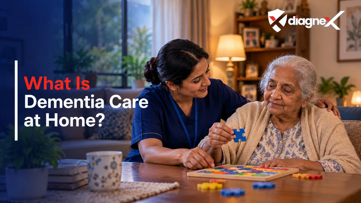Featured illustration for What Is Dementia Care at Home? on the Diagnex healthcare blog