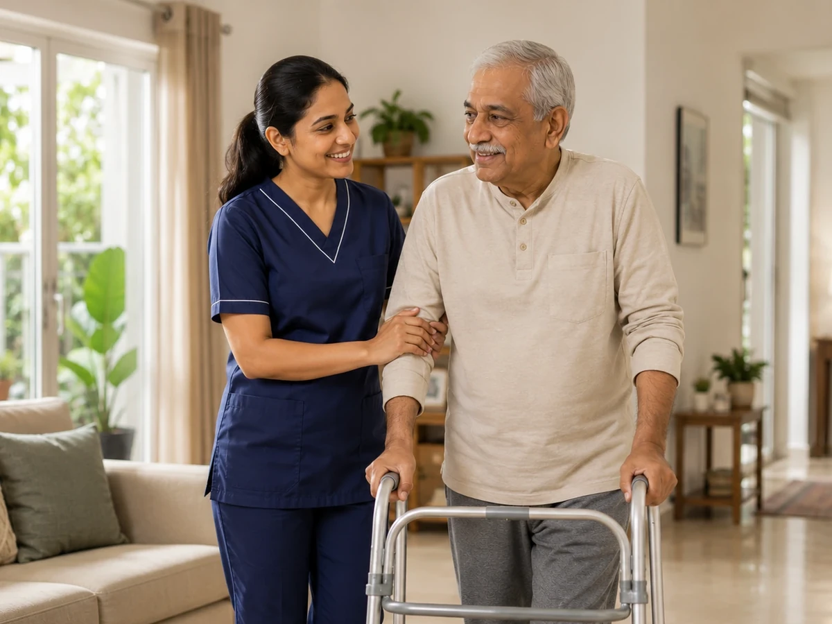 A nursing professional supporting an older adult at home