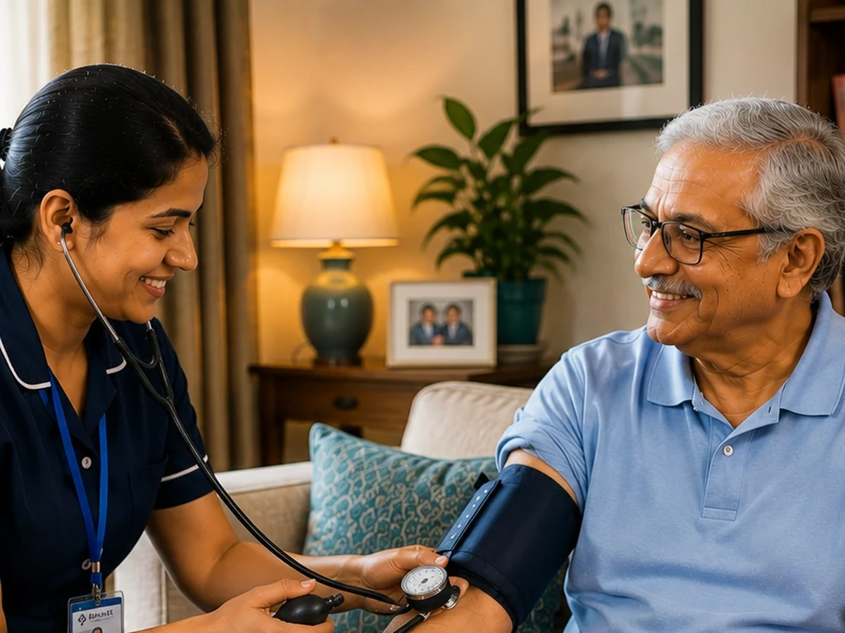 A nursing professional providing structured clinical support to an older adult at home