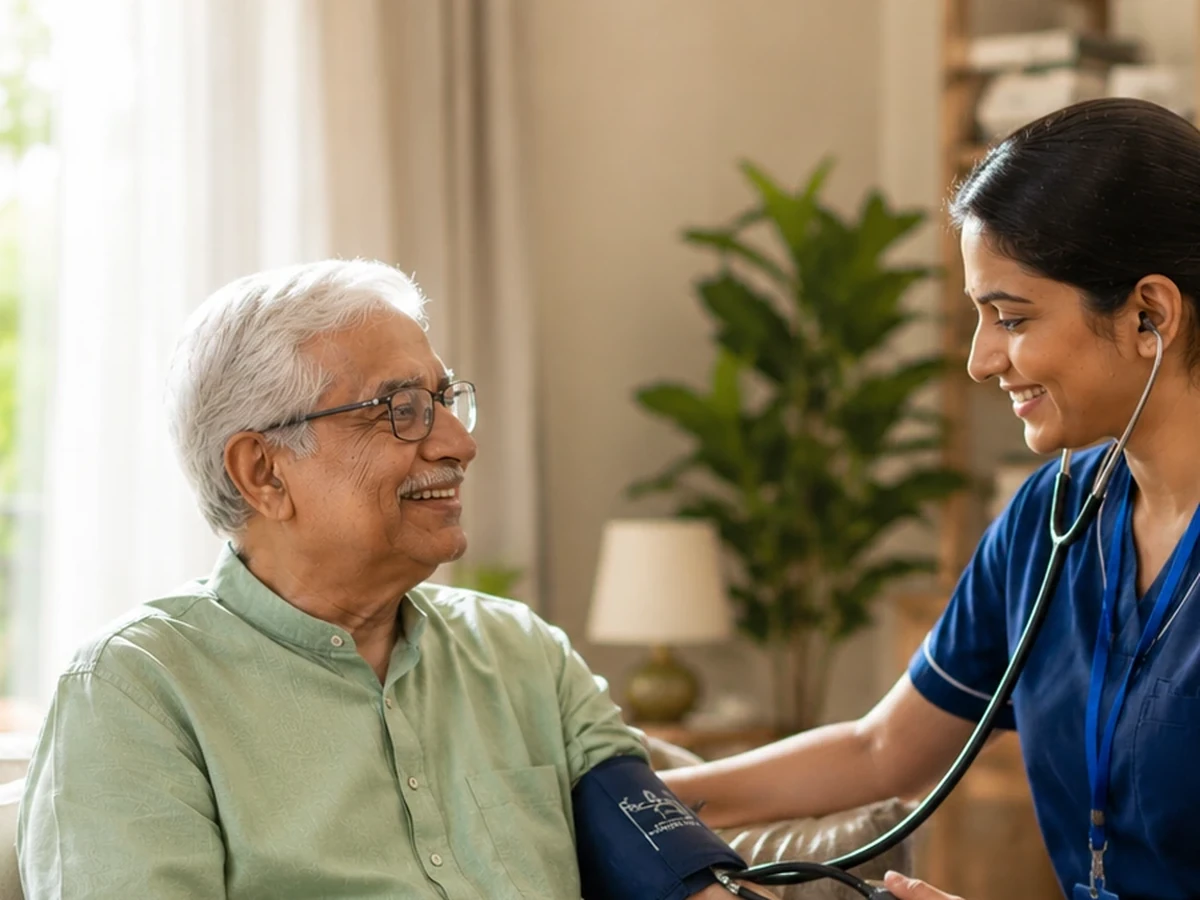 A qualified nursing professional checking an older adult at home