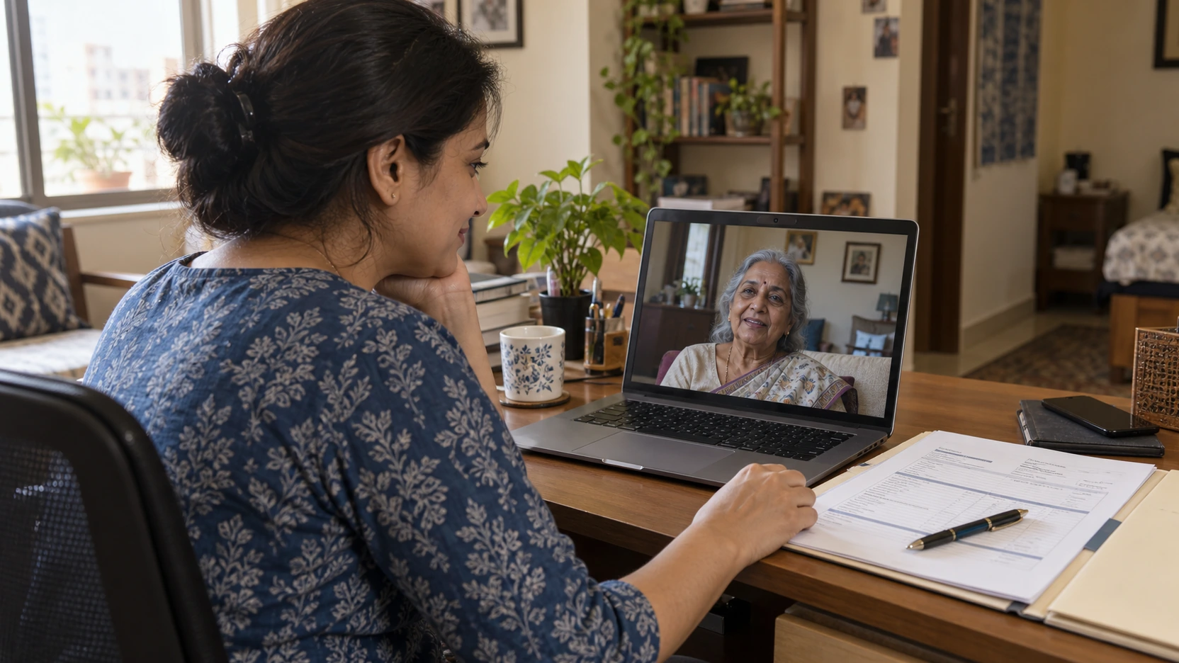 An adult daughter speaks with her mother by video call, with a medical report beside her.