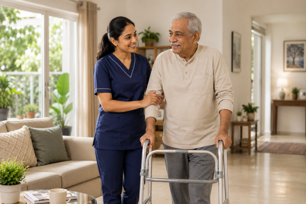 Nurse Helping Man With Walker